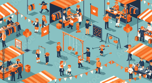 A lively flat design illustration depicting a bustling King's Day vrijmarkt, showcasing people selling second-hand goods and children enjoying traditional games in a festive setting.