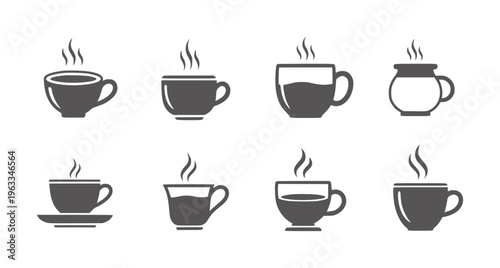 Eight black steamy coffee cup in various styles and shapes cups beverage