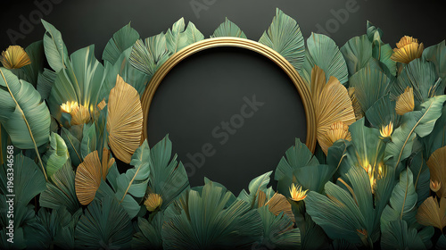 Elegant botanical frame with golden accents and lush leaves.