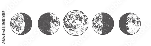 Five black and white of varying moon phases crescent gibbous full