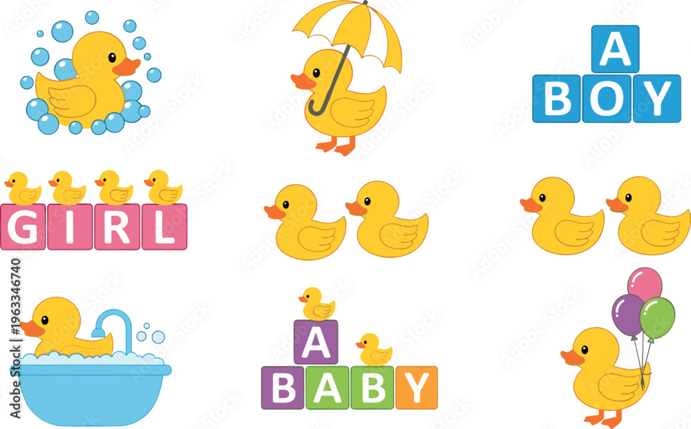 Obraz premium Cute baby duck vector set with bath time, umbrella, balloons and baby shower words cartoon nursery illustration collection