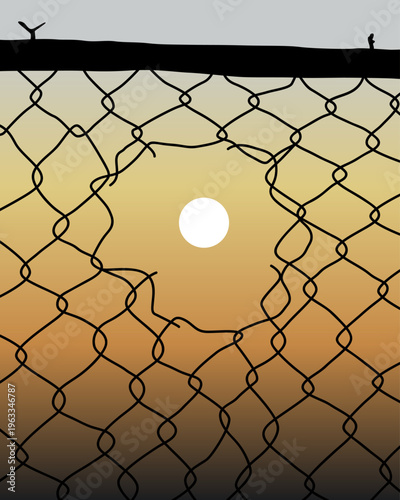 Silhouetted figures stand beyond a broken chain-link fence. Single sun hangs behind the fractured barrier. Warm hues blend into twilight's soft glow. Barbed wire bends as if resisting confinement