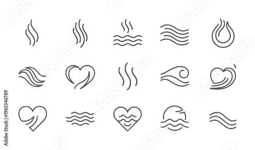 Monochrome line set depicting steam waves water and hearts