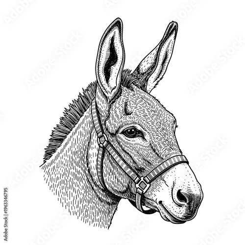 Detailed hand drawn donkey head with harness