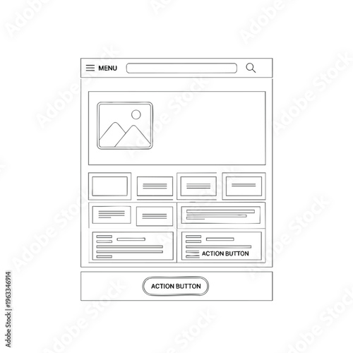 Wireframe sketch of a webpage layout with a header, image, and multiple content blocks