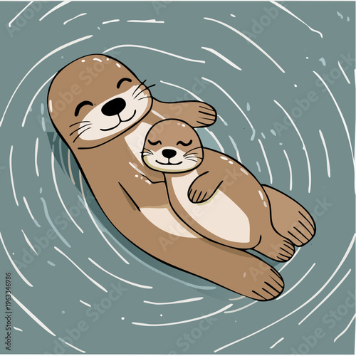 Adorable sea otter mother and pup floating peacefully.
