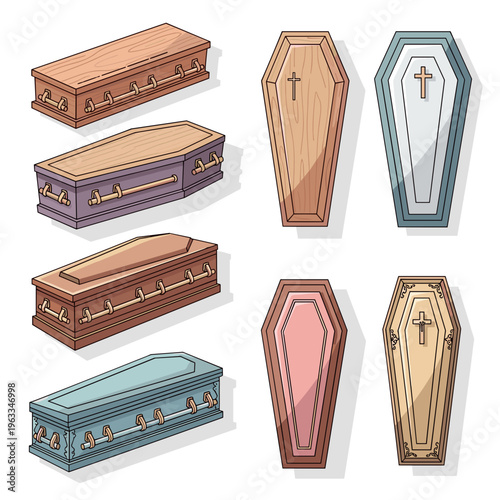 Set of various wooden and stone coffin designs