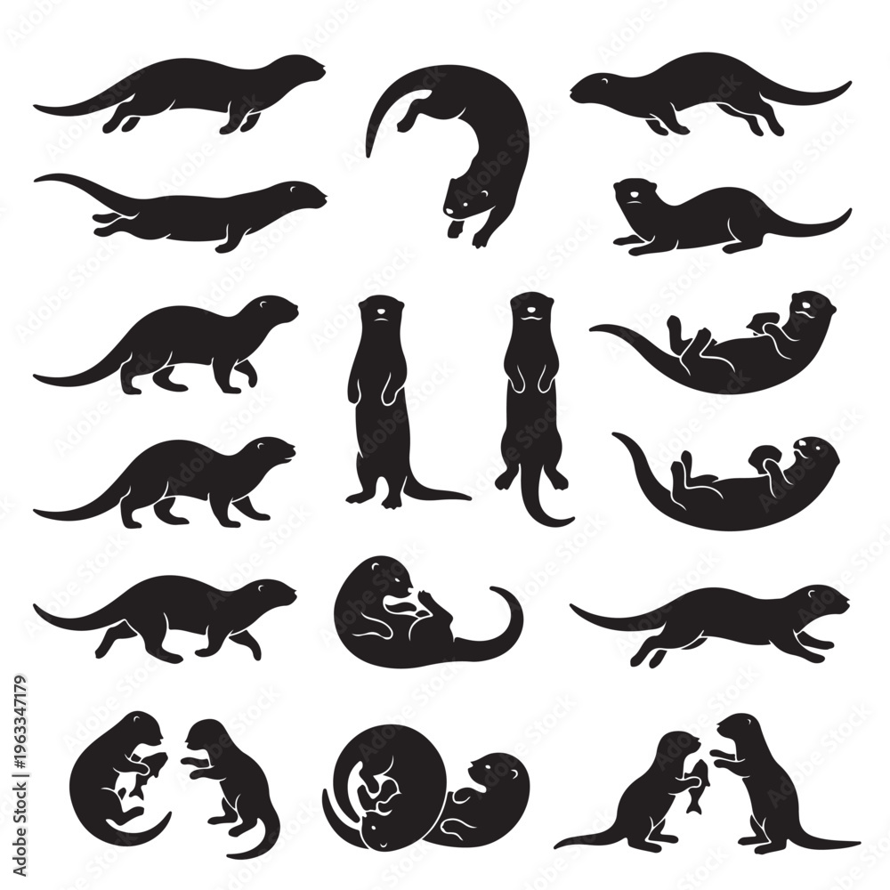Obraz premium black and white vector silhouette set of Otter