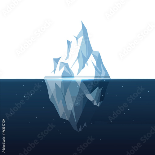 Sharp, faceted iceberg shown above and below deep blue water with scattered light