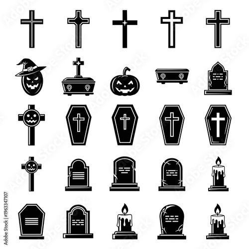 Collection of black gravestones and halloween icons