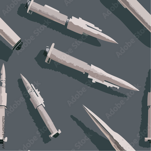 A collection of various missiles and projectiles scattered across a surface.