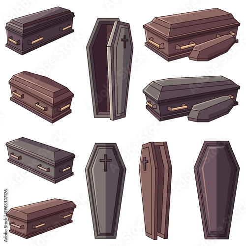 Dark wood coffins in different perspectives