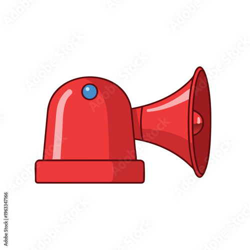 A red siren with a blue light on top and a horn is shown on a white background
