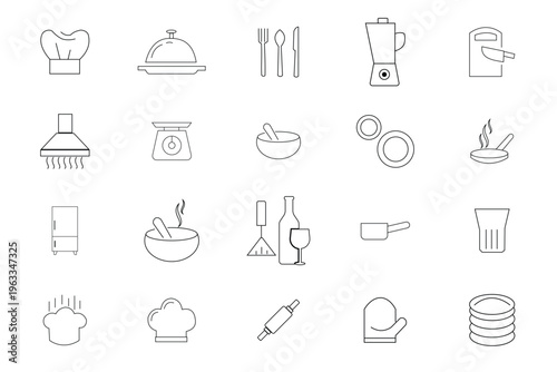 Set of 20 cooking icons. food and drink icons. Frying pan and Kitchen utensils. Fork, spoon and knife line icons. Recipe book, chef hat and cutting board.