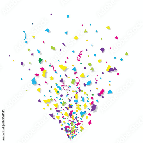 A shower of colorful confetti and streamers bursts upwards on a white background