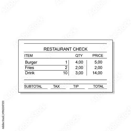 Restaurant check listing items, quantities, and prices, with subtotal, tax, and tip fields
