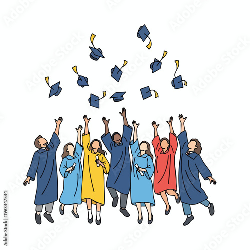 Diverse graduates in robes throw caps in air, celebrating academic achievement