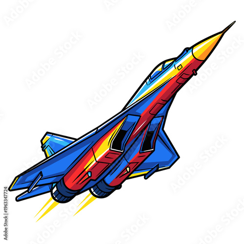 Colorful jet aircraft with exhaust flames