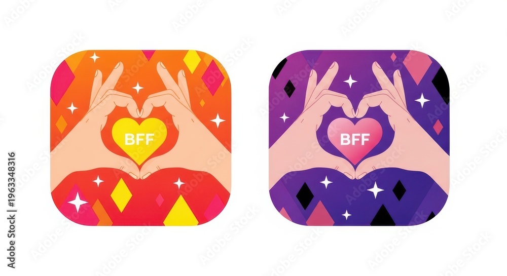 Fototapeta premium Bff heart hands icons in orange and purple colors