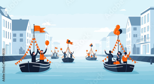 A festive flat design illustration of boats adorned with orange flags and balloons, cruising along a stylized Dutch canal for a King's Day celebration.