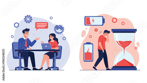 Infographic comparing a productive business meeting with a person suffering from burnout and low energy symbolized by a battery.