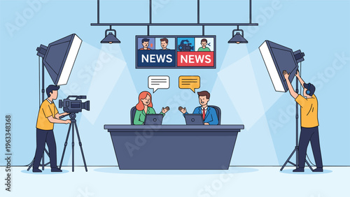 Professional television news studio set with anchors at a desk being filmed by a camera crew with studio lighting.