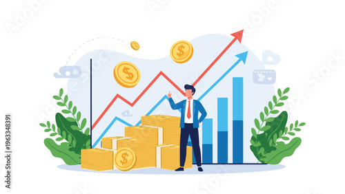 Successful businessman celebrating financial gains with upward trending graphs and large stacks of golden coins.