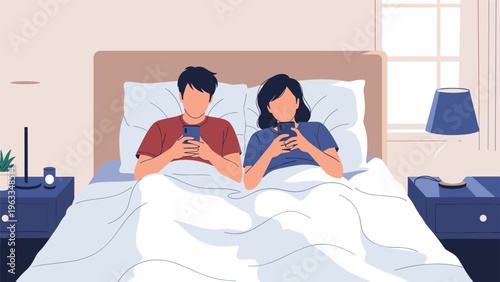 Young couple lying in bed at night using their individual smartphones instead of interacting, illustrating modern digital distraction.