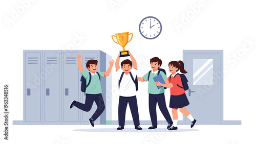 Group of excited school students in uniforms cheering and holding a gold trophy in a hallway with lockers after winning a competition.