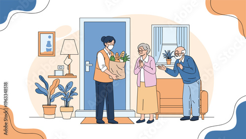 Dedicated female volunteer wearing a protective face mask delivering fresh groceries to a grateful elderly couple at their home entrance.