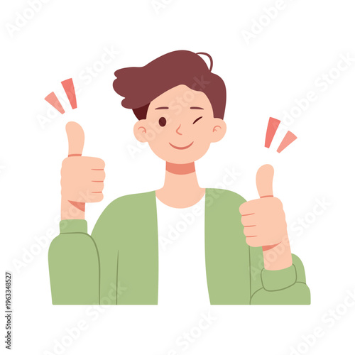 Smiling young man winking and showing thumbs up with both hands. Flat vector illustration of approval, success, and positive emotions in modern minimal style.
