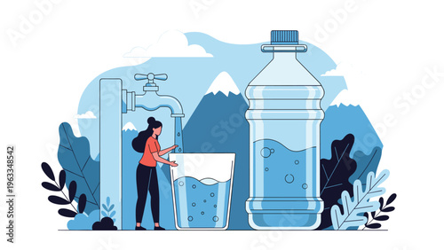 Young woman filling a glass with clean water from an outdoor tap against a backdrop of mountains and a large plastic water bottle.