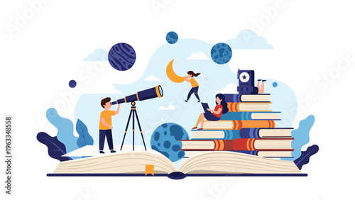 Creative children exploring space and science by using a telescope while sitting on giant books, symbolizing a love for learning and reading.