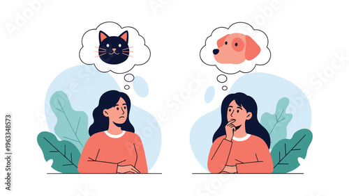 Two women having different thoughts about adopting a pet, with one imagining a black cat and the other thinking about an orange dog.