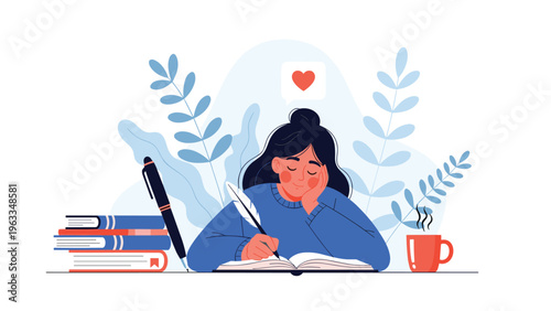 Young woman sitting at her desk and writing in a journal or love letter with a feather pen, surrounded by books and indoor plants.