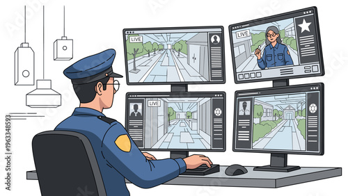 Male security guard working in a modern control room and monitoring live street footage on several large computer screens during his shift.