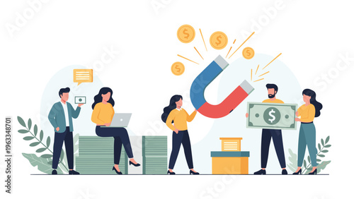 Business professionals using a large magnet to attract gold coins and banknotes, representing effective marketing and financial acquisition.