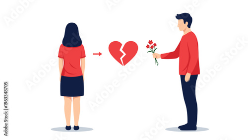 Man offering a bouquet of roses to a woman who is walking away, with a broken heart symbol indicating a failed romantic relationship.