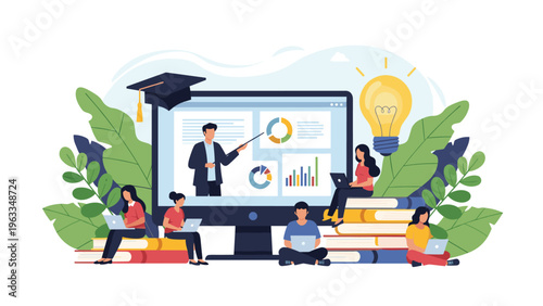 Group of students using laptops and studying around a giant computer monitor that shows a teacher giving a digital lecture online.