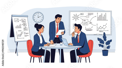 Corporate team discussing project details around a circular table in a bright office with whiteboards showing graphs and data charts.