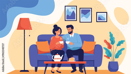 Happy young couple relaxing on a blue sofa and enjoying a cup of tea together in a modern and stylishly decorated living room.