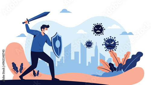 Brave warrior in a face mask using a sword and shield to defend a city against a swarm of large and angry coronavirus molecules.