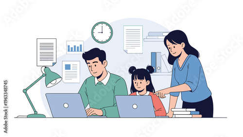 Family members collaborating on educational tasks at home with a father and daughter using laptops while the mother provides instructions.
