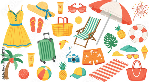 Summer vacation elements set with beach umbrella suitcase swimsuit pineapple camera and travel accessories illustration