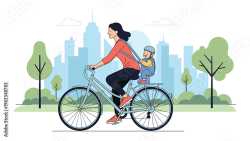 Happy mother riding a bicycle with her small child in a safety seat through a city park with green trees and skyscrapers in the distance.