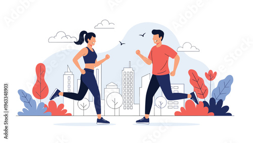 Active man and woman enjoy a healthy lifestyle by jogging together through an urban city park with tall buildings in the background.