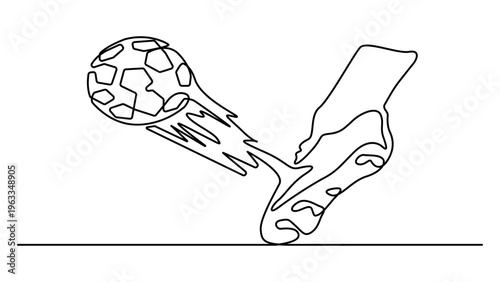 Leg kick ball in one continuous single line art drawing style. Single one line drawing football shoes and soccer ball. Football sport concept illustration