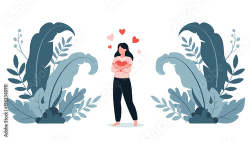 Healthy woman stands between large tropical leaves embracing herself to represent self care, mental health, and positive body image.