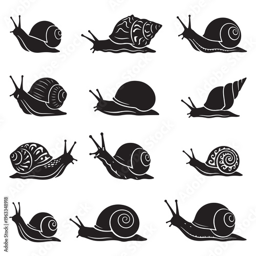  black and white vector silhouette set of snail