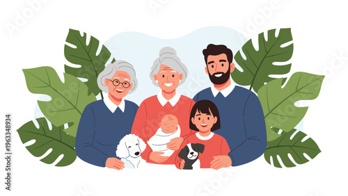 Group portrait of a large happy multi generational family including grandparents, parents, children, and their cute pet dogs.